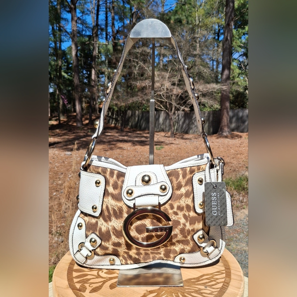 Rare New Vintage Y2K Guess Leopard Print & White Faux Leather Shoulder Bag - Picture 3 of 15